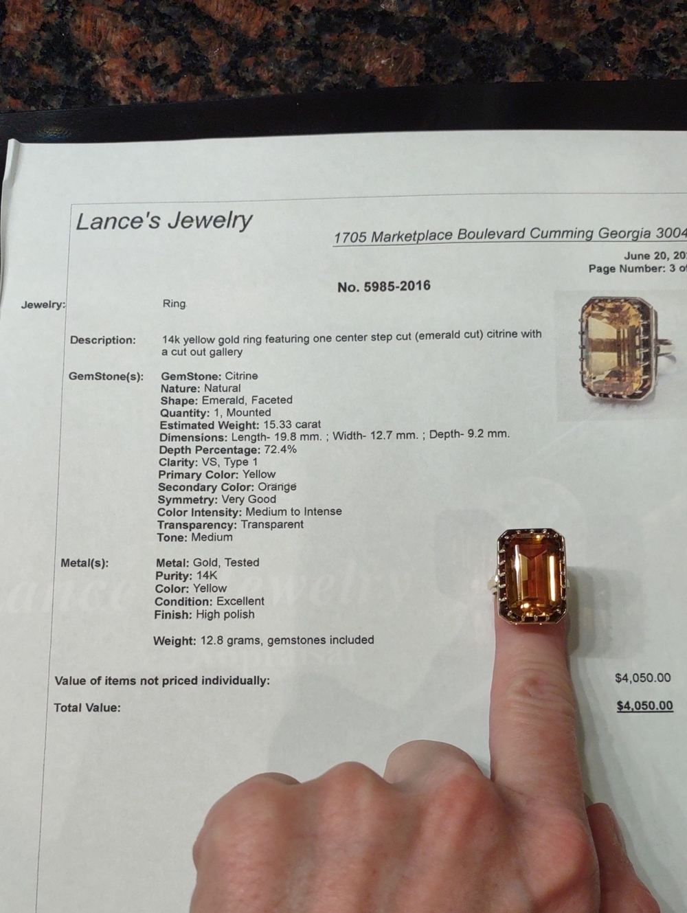 Citrine 14kt Yellow Gold Emerald-Cut Ring 15 Carat Stone Appraisal Natural Stone - Picture 6 of 12